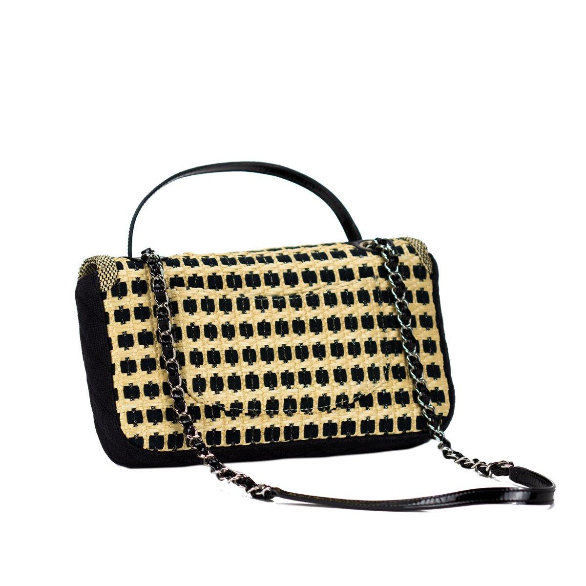 Chanel Beige Black Raffia Straw Canvas Shoulder Bag For Sale 3