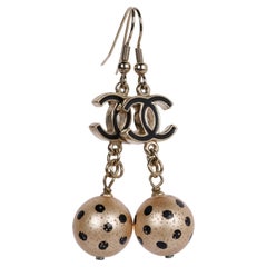Chanel Beige Black Round Ball Dangle Drop Two Tier Chandelier Earrings