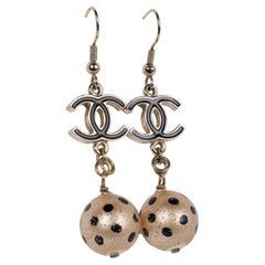Chanel Beige Black Round Ball Dangle Drop Two Tier Chandelier Earrings