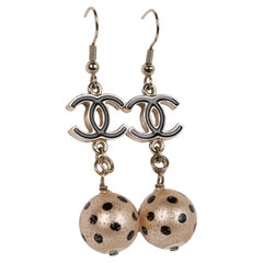 Chanel Beige Black Round Ball Dangle Drop Two Tier Chandelier Earrings 