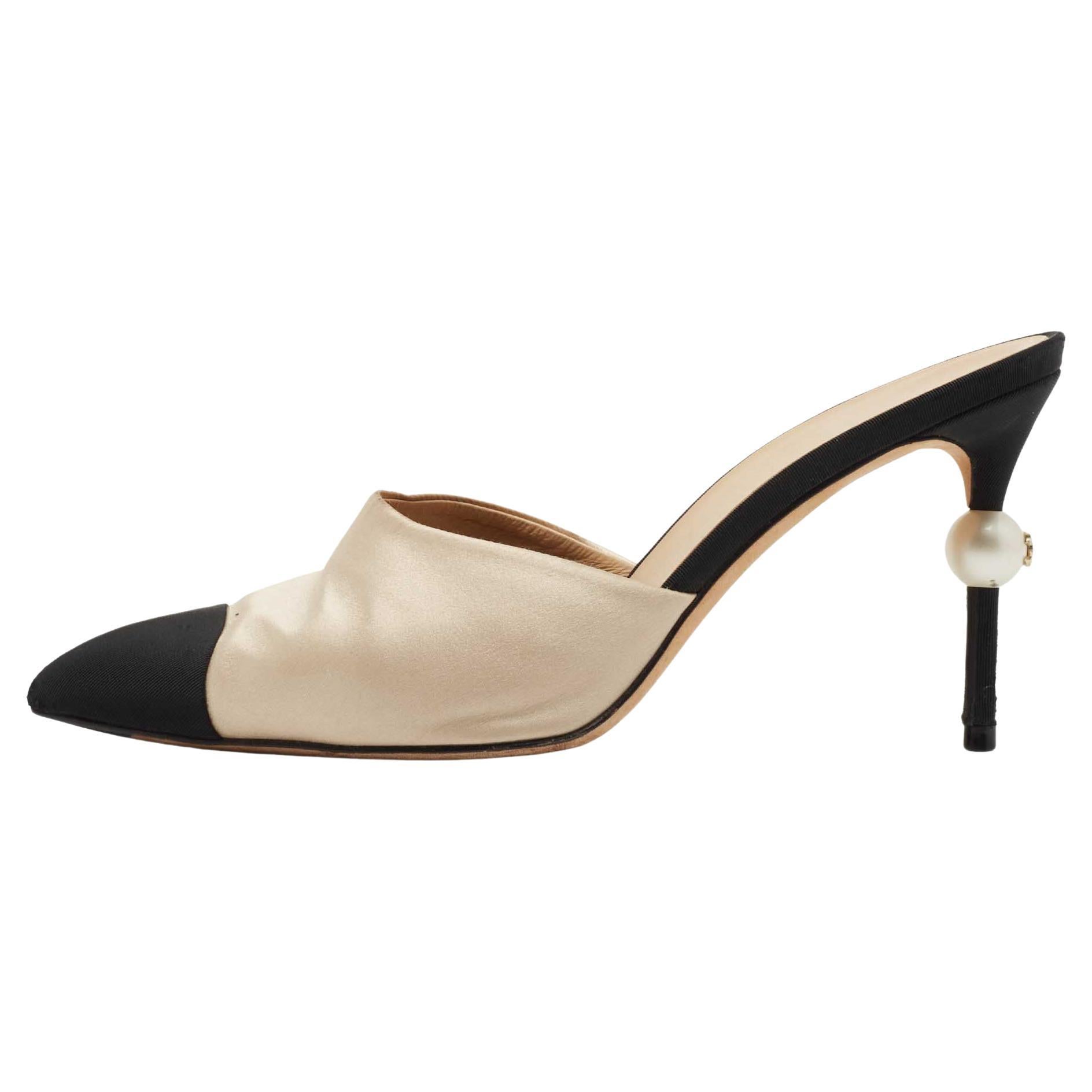 Chanel Beige/Black Satin and Canvas CC Faux Pearl Embellished Heel Mules  Size 39 at 1stDibs