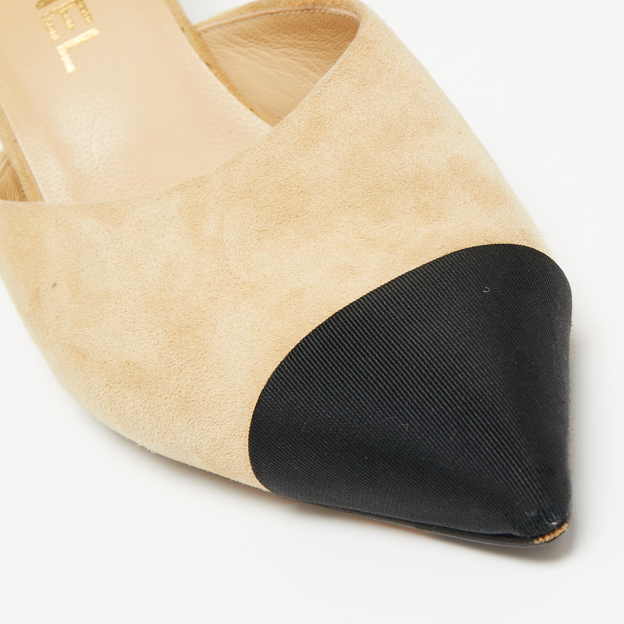 Chanel Beige/Black Suede And Canvas Mule Sandals Size 38 5