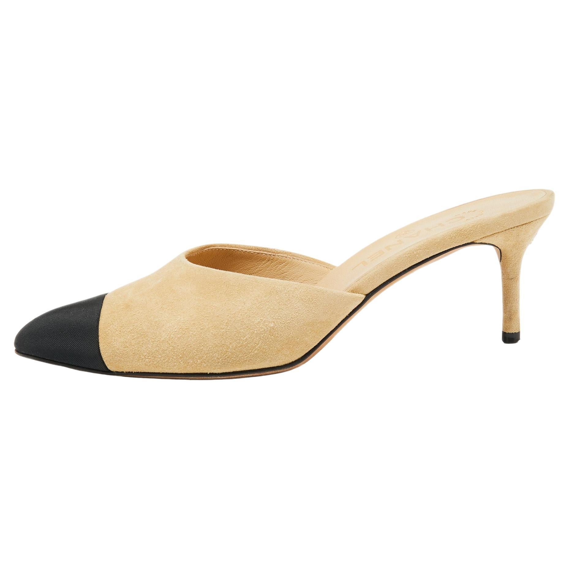 Chanel Beige/Black Suede And Canvas Mule Sandals Size 38 at 1stDibs
