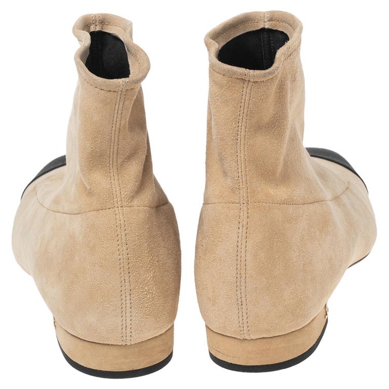 Chanel Beige/Black Suede and Satin Cap-Toe Ankle Boots Size 39.5 at 1stDibs