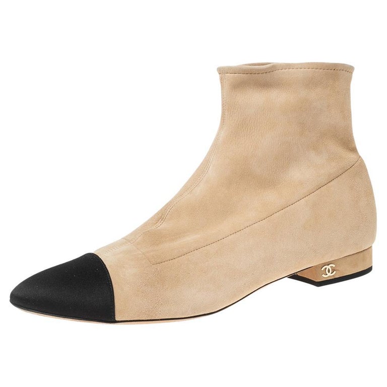 Chanel Beige/Black Suede and Satin Cap-Toe Ankle Boots Size 39.5
