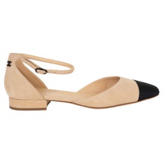 CHANEL beige & black suede & grosgrain 20S ANKLE STRAP Flats Shoes 37
