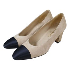 Chanel Beige Black Suede Satin Cap Toe Low Heel Pumps Sz.37.5