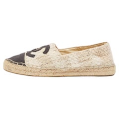 Used Chanel Beige/Black Tweed and Fabric CC Espadrille Flats Size 36