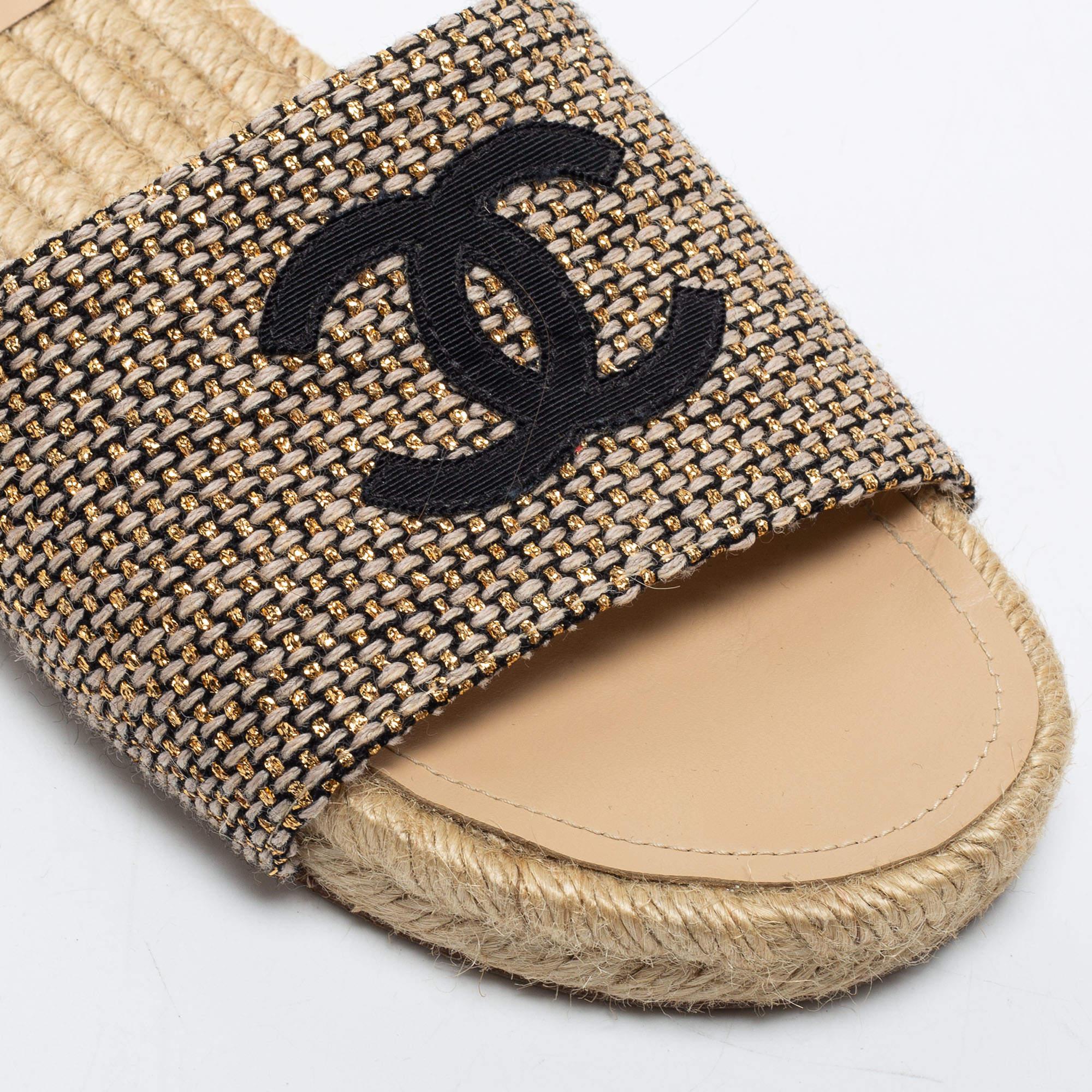 Chanel Beige/Black Tweed CC Espadrilles Sandals Size 38 3