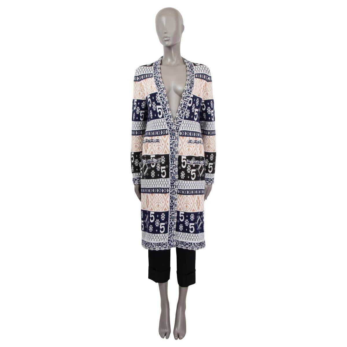 100% authentic Chanel Pre-Fall 2020 deep v-neck long cardigan in navy, brown, black, camel and off-white cashmere (100%). Features long sleeves and four buttoned patch pockets on the front, two of them still sewn shut. Opens with 'CC' buttons on the