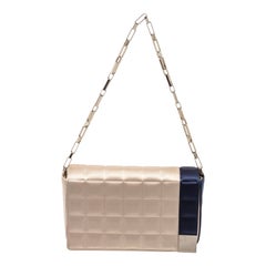 Chanel Beige Blue Satin Chocolate Bar Chain Shoulder Bag