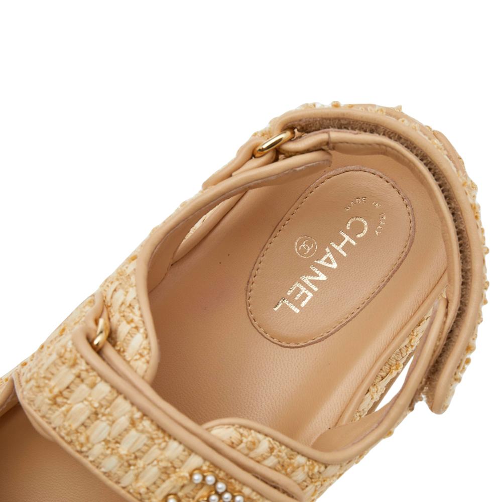 Women's Chanel Beige Braided Straw And Fabric Pearl Embellished CC Flat Sandals Size 38