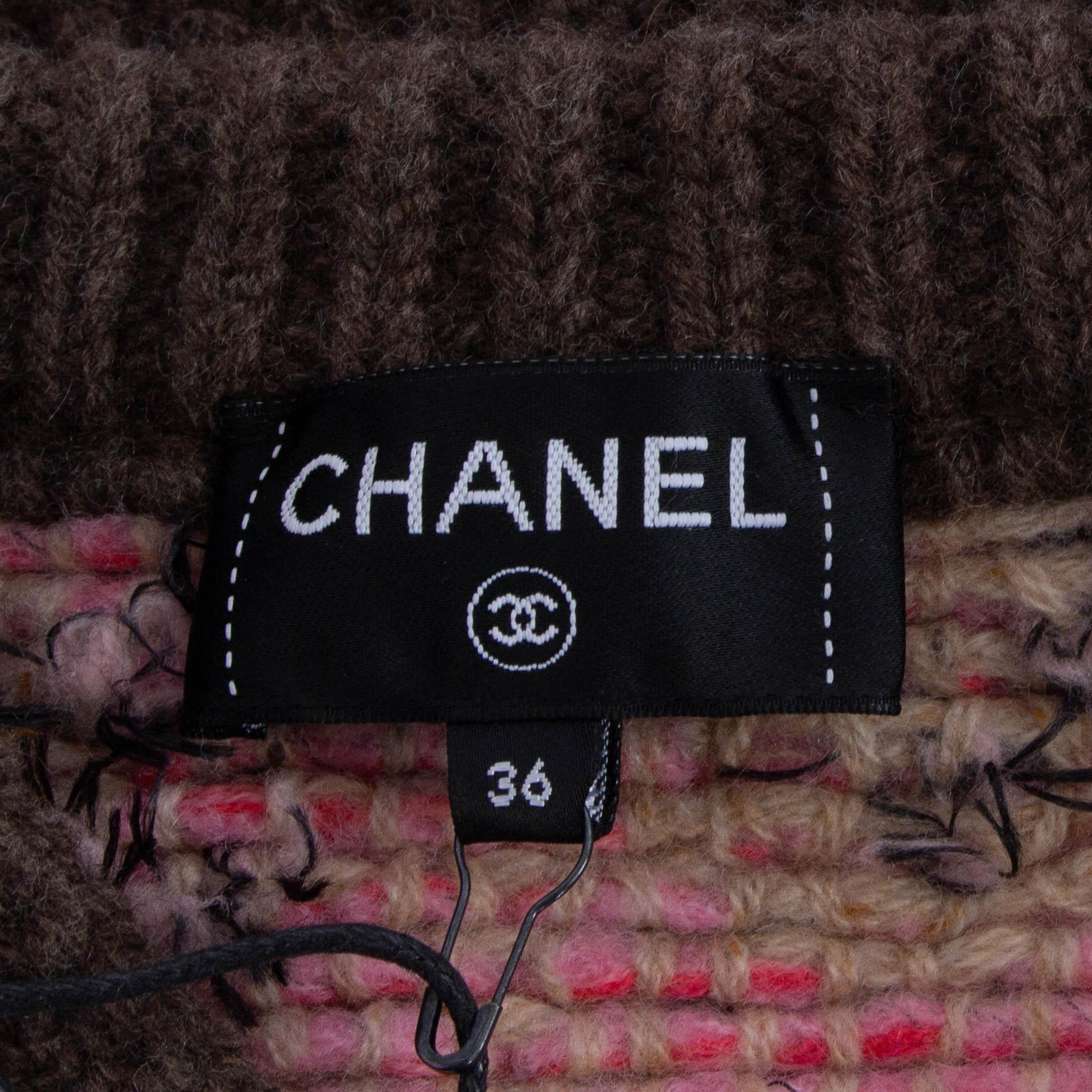 CHANEL beige brown pink cashmere 22K FRINGE KNIT Jacket 36 XS For Sale 2