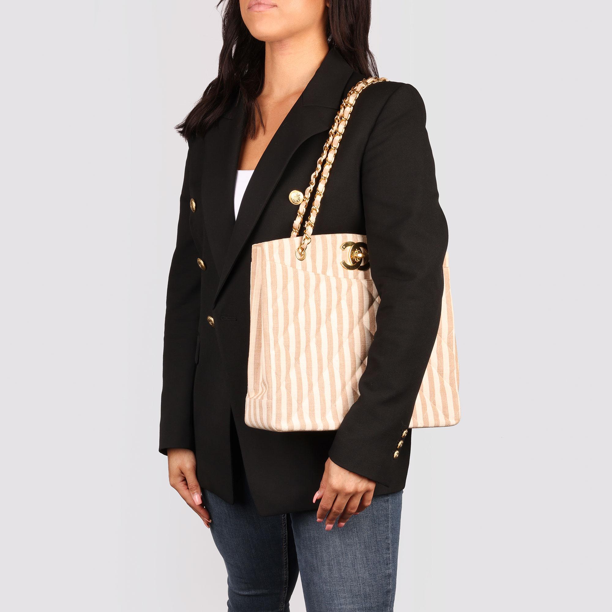 Chanel Beige & Brown Quilted Striped Linen Vintage XL Timeless Shoulder Bag 8