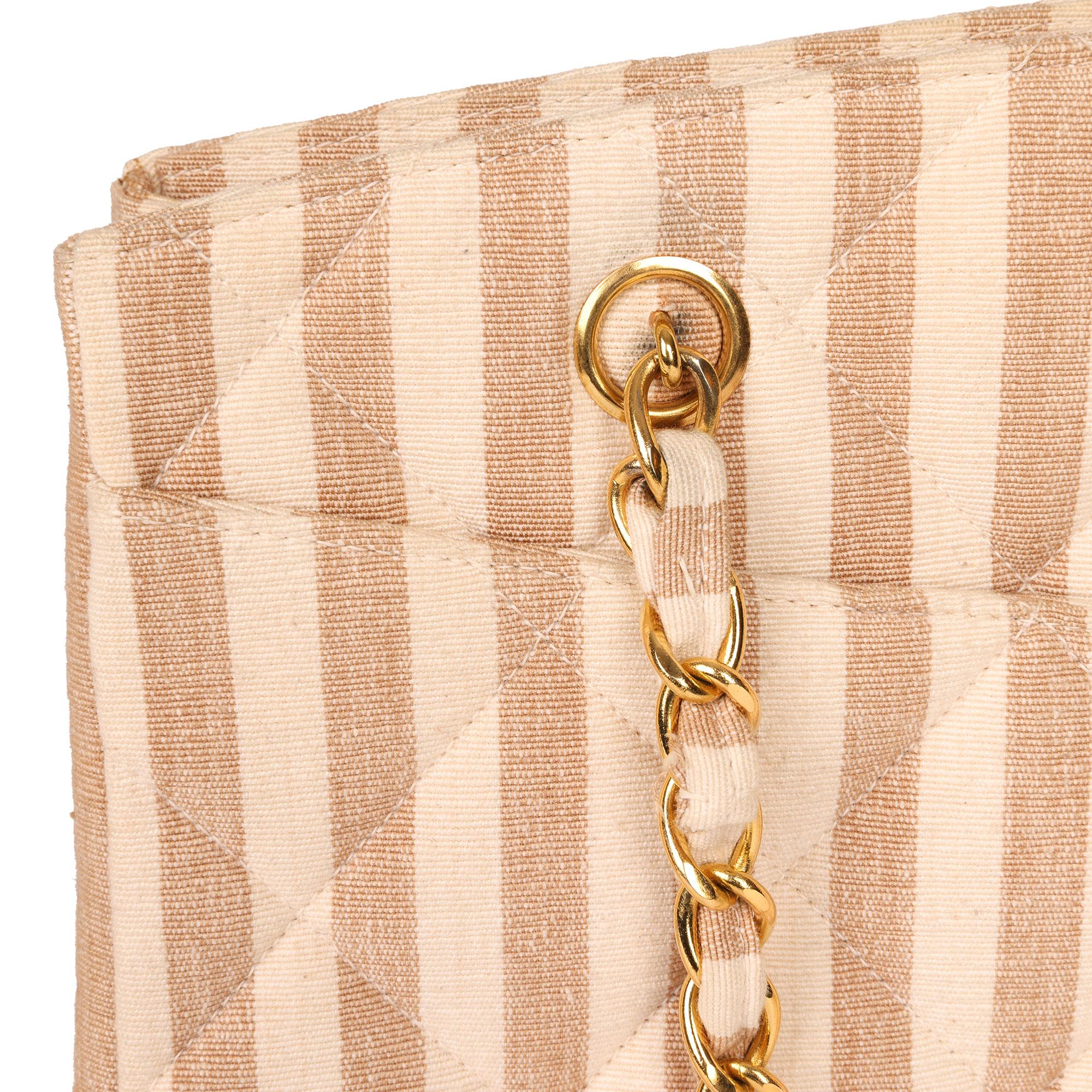 Chanel Beige & Brown Quilted Striped Linen Vintage XL Timeless Shoulder Bag 3