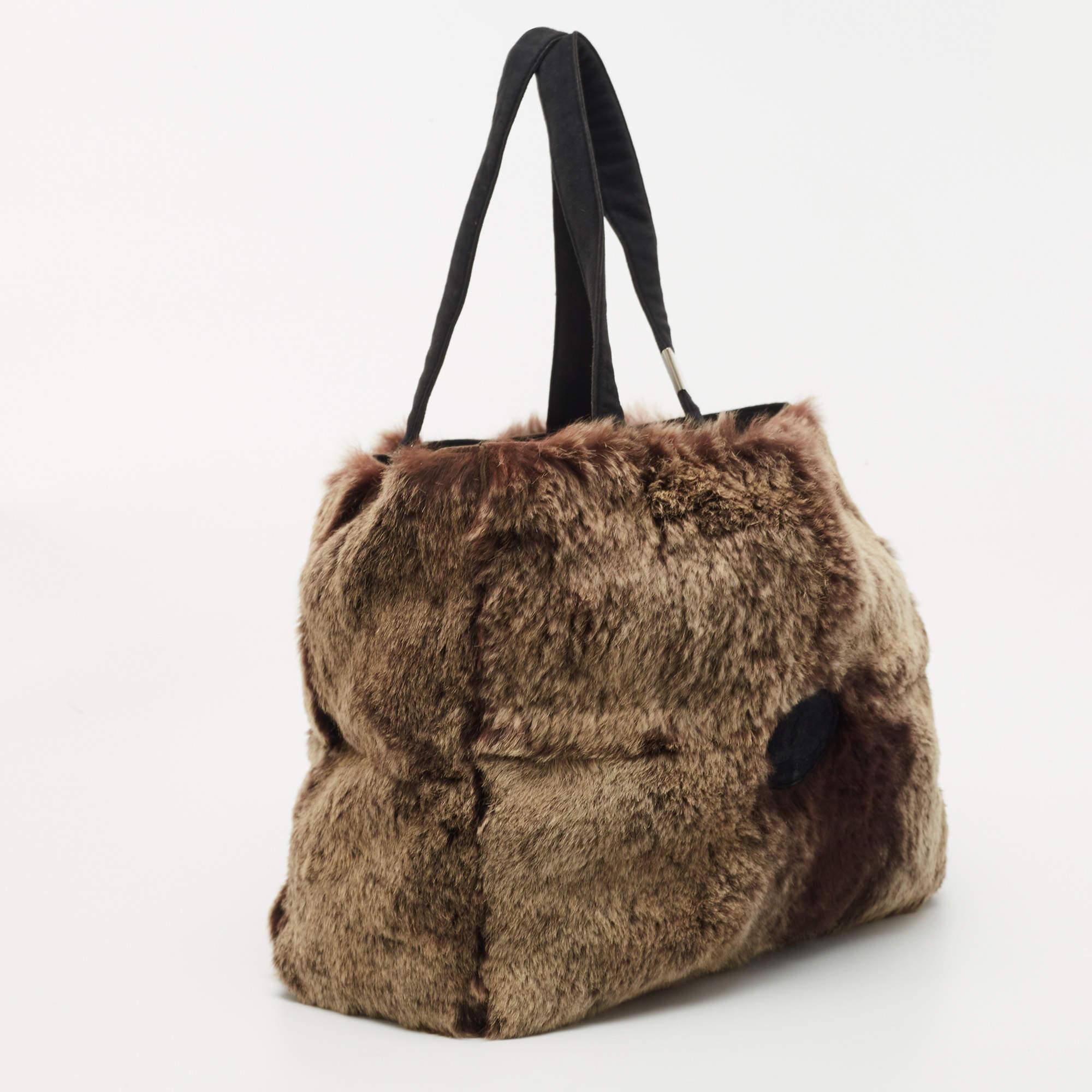 Chanel Beige/Brown Rabbit Fur CC Tote For Sale 7