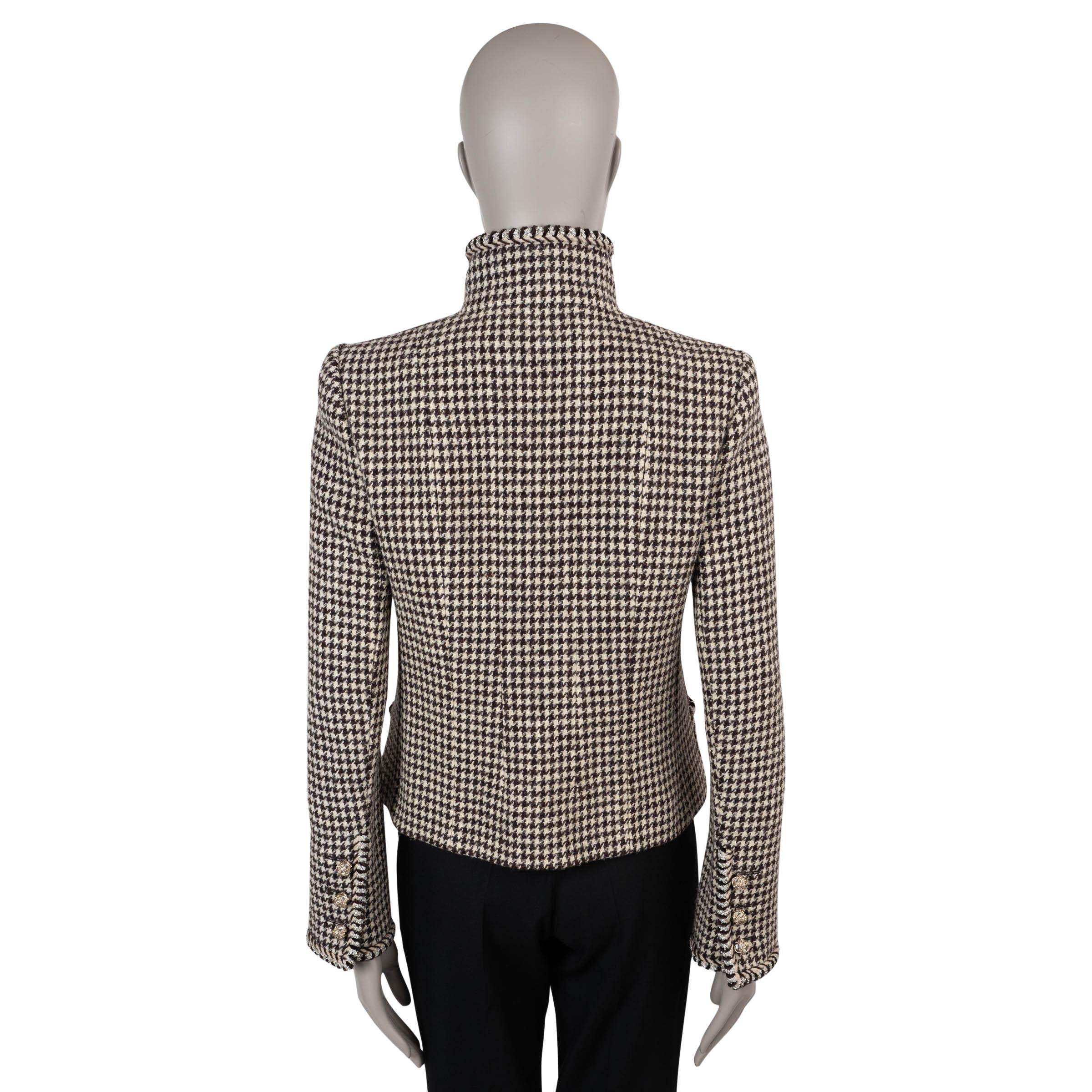 Black CHANEL beige & brown wool 15K HOUNDSTOOTH TWEED Jacket 38 S