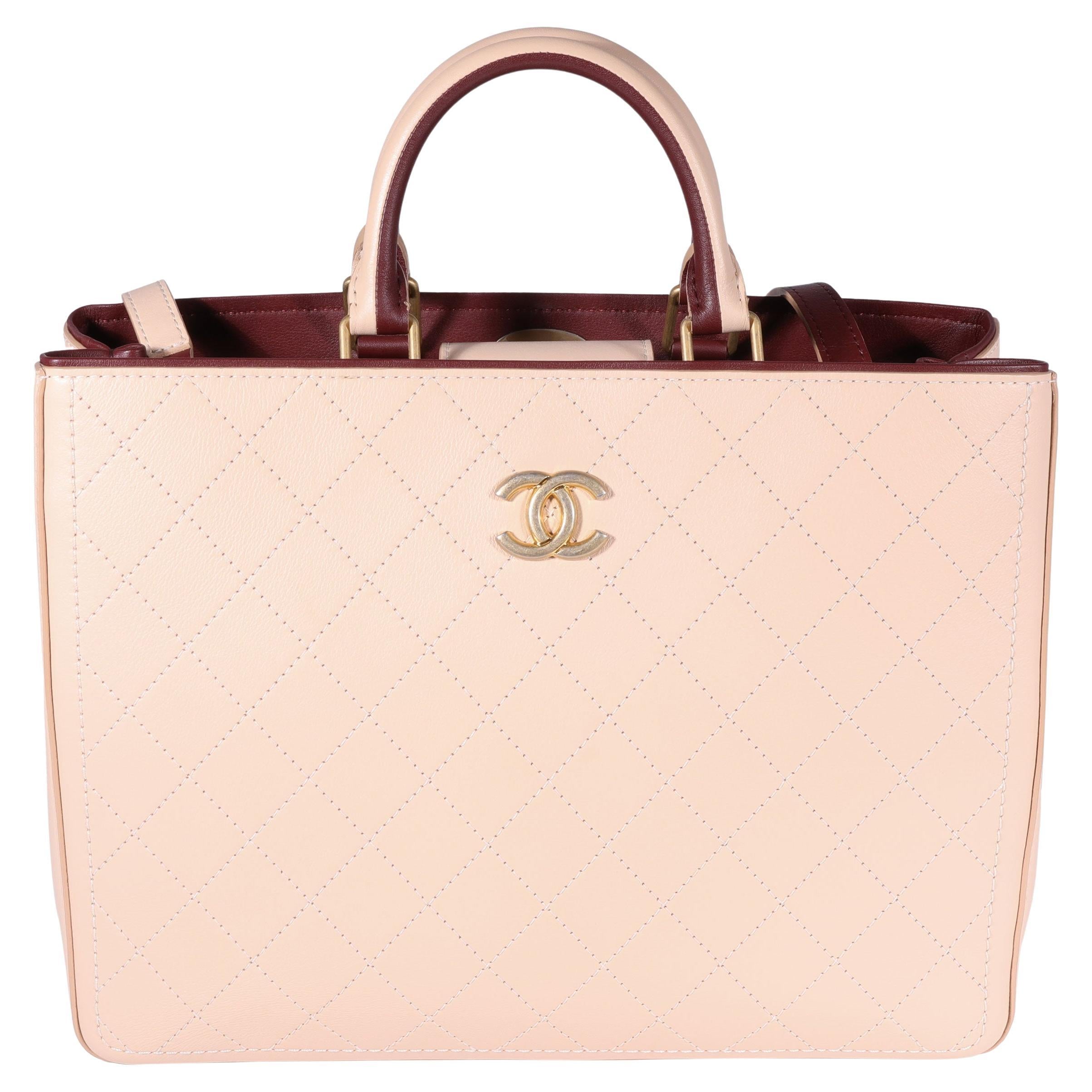 Chanel Beige & Burgundy Quilted Calfskin Shopping Tote