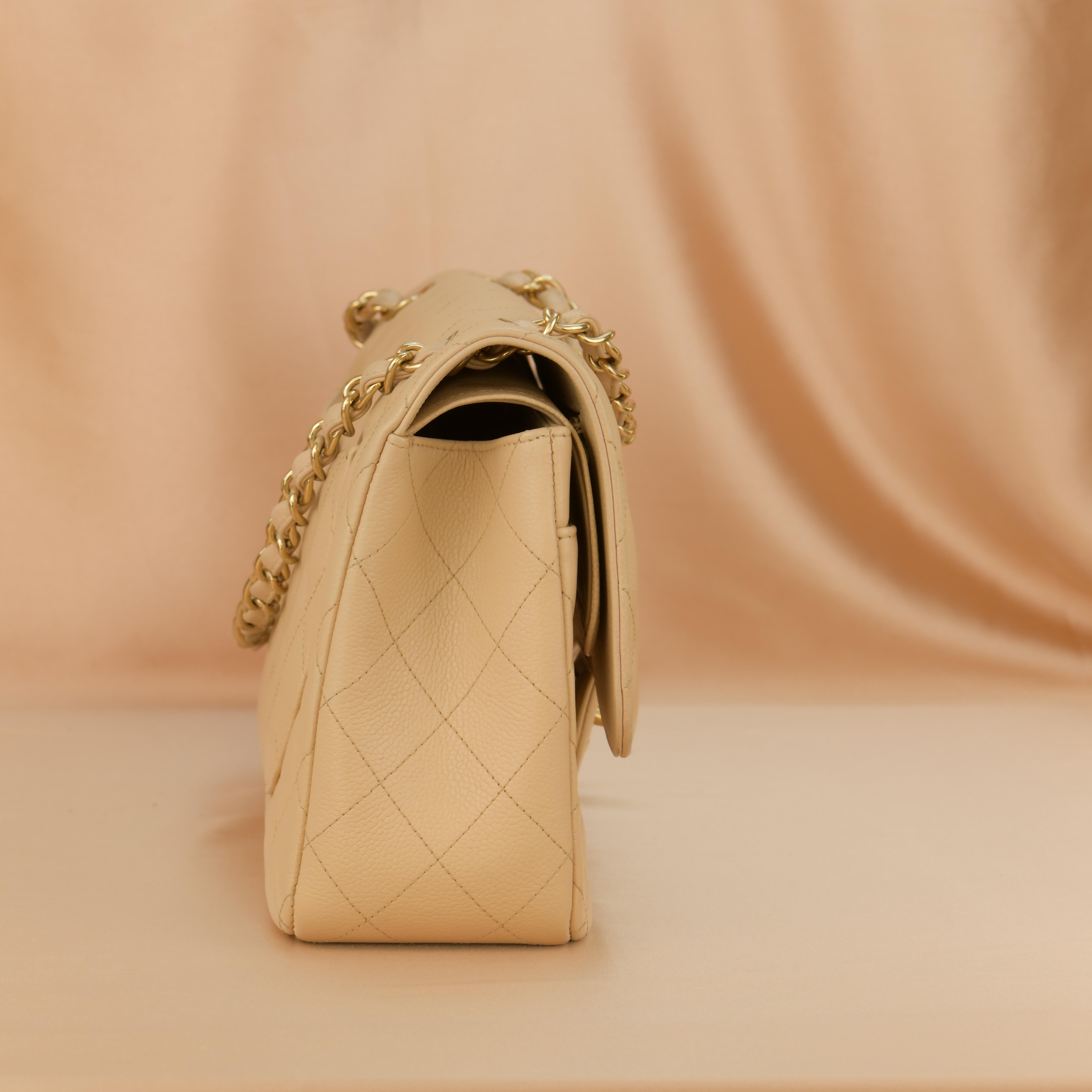 Women's Chanel Beige Calfskin Leather Jumbo Classic Double Flap Bag For Sale