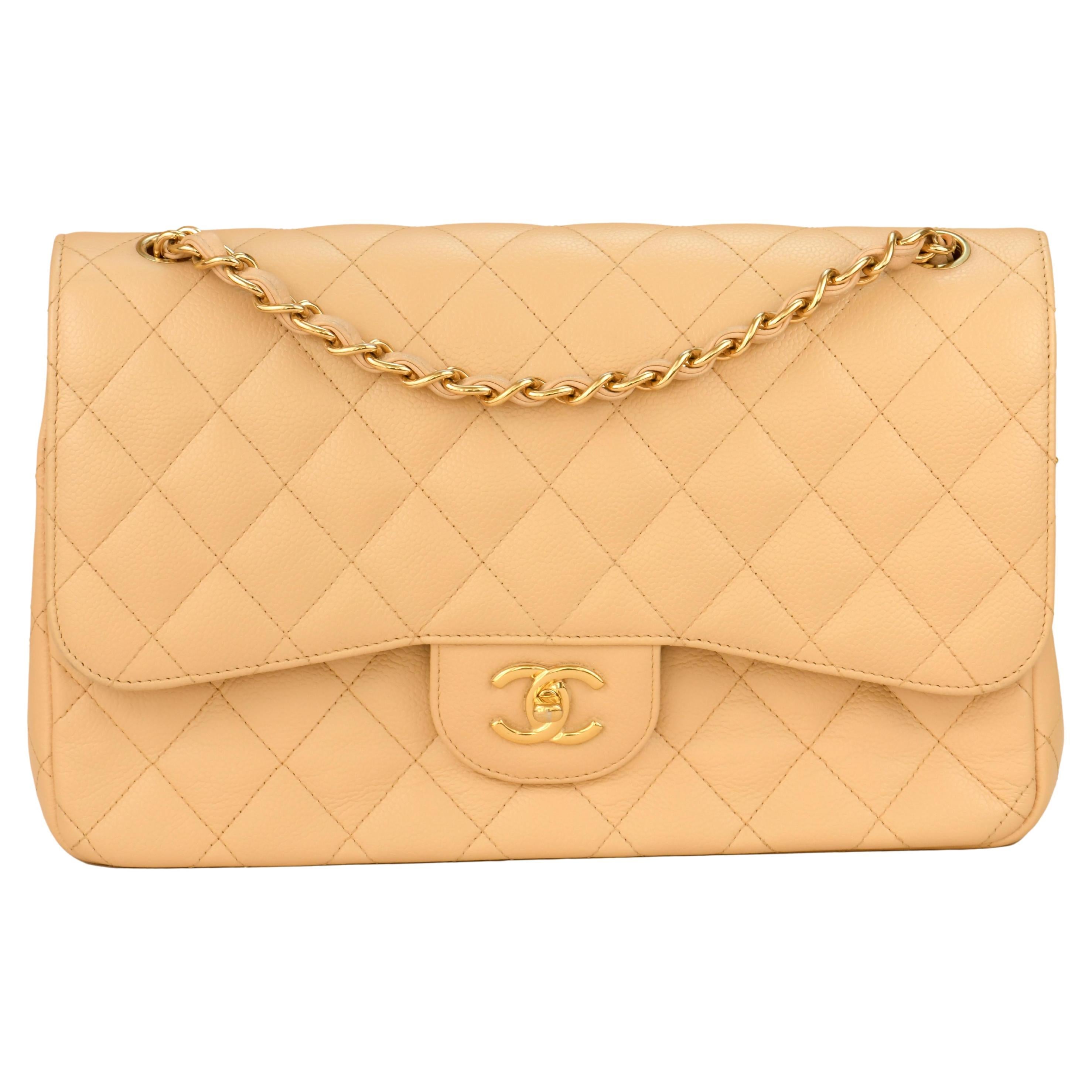 Chanel Beige Calfskin Leather Jumbo Classic Double Flap Bag For Sale