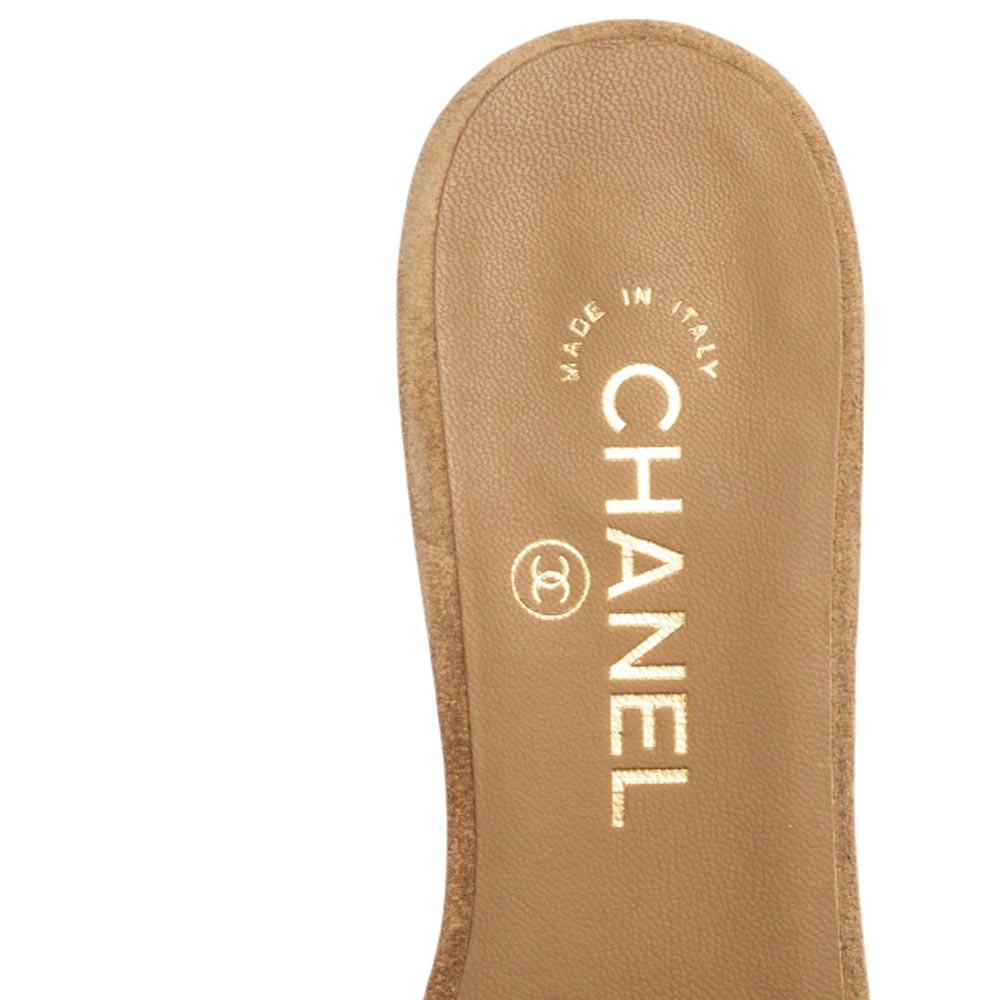 Chanel Beige Camellia Suede Slide Flats Size 37 1