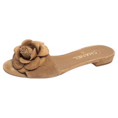 Chanel Beige Camellia Suede Slide Flats Size 37