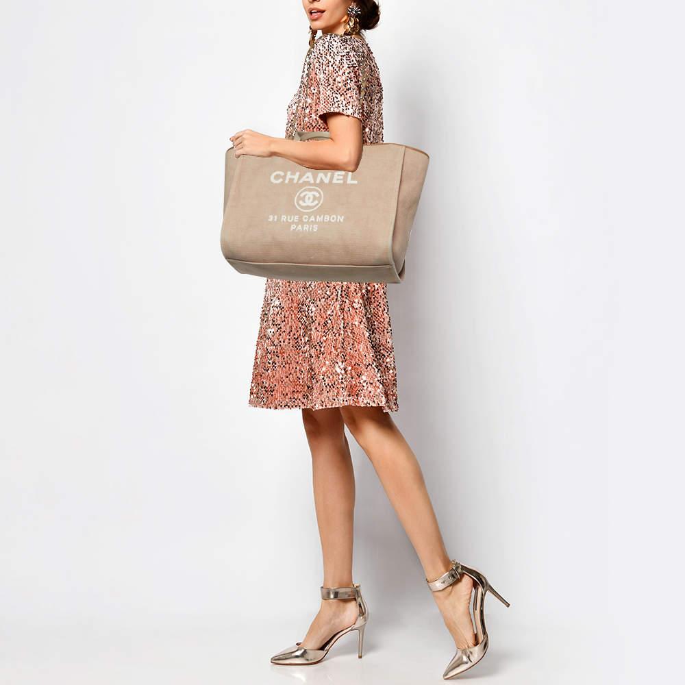 Chanel Beige Canvas and Leather Large Deauville Shopper Tote In Excellent Condition In Dubai, Al Qouz 2
