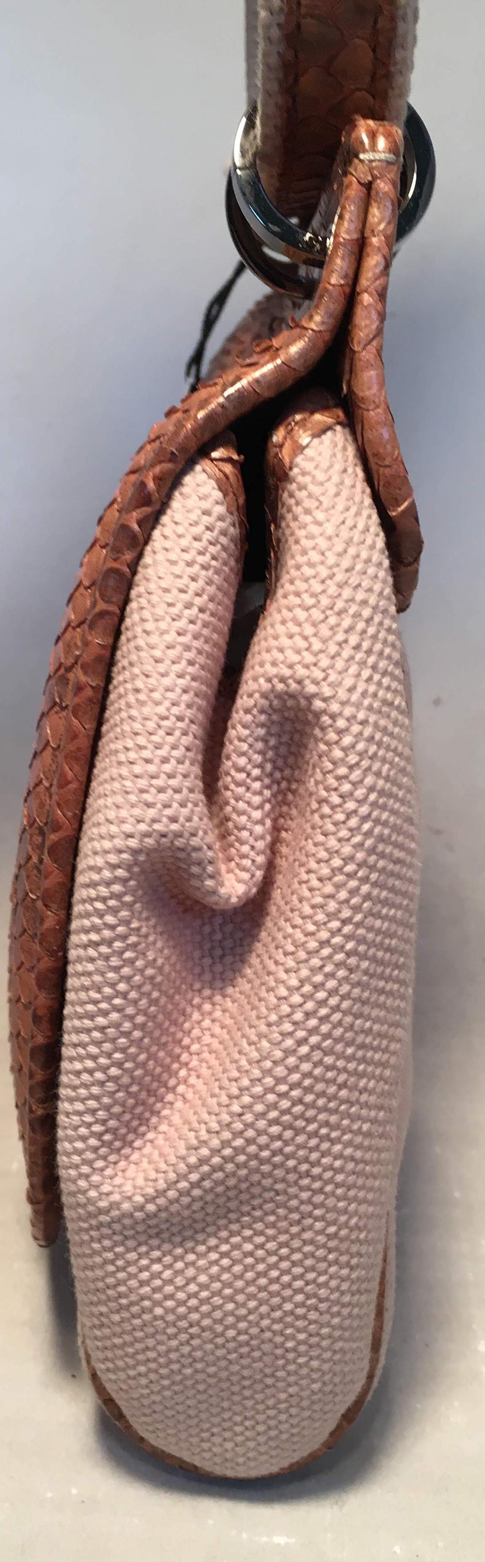 Chanel Beige Canvas and Tan Copper Snakeskin Flap Shoulder Bag In Excellent Condition In Philadelphia, PA