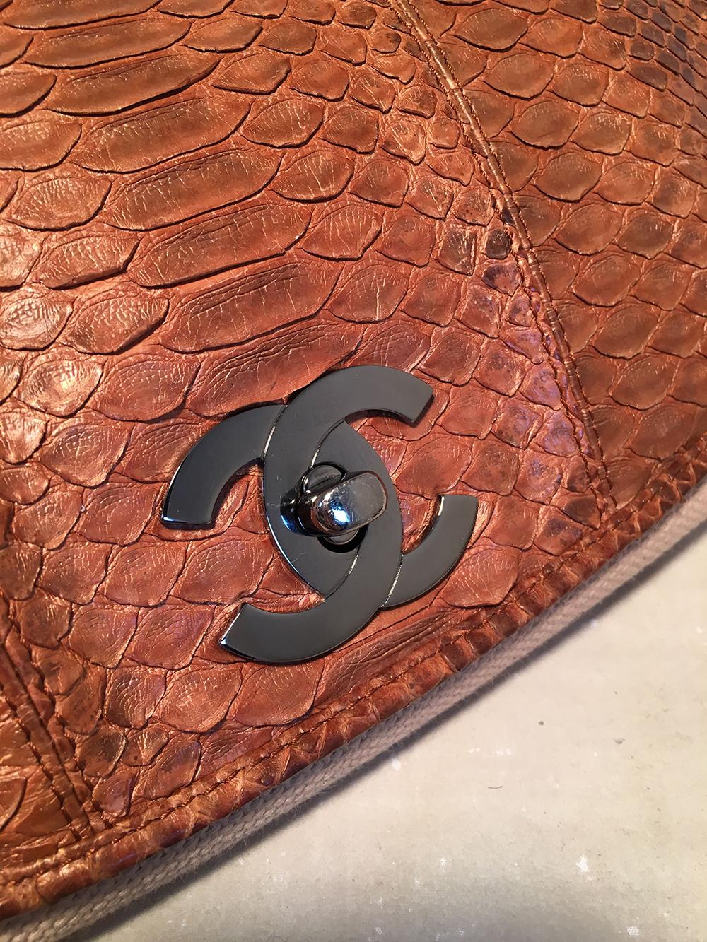 Women's Chanel Beige Canvas and Tan Copper Snakeskin Flap Shoulder Bag