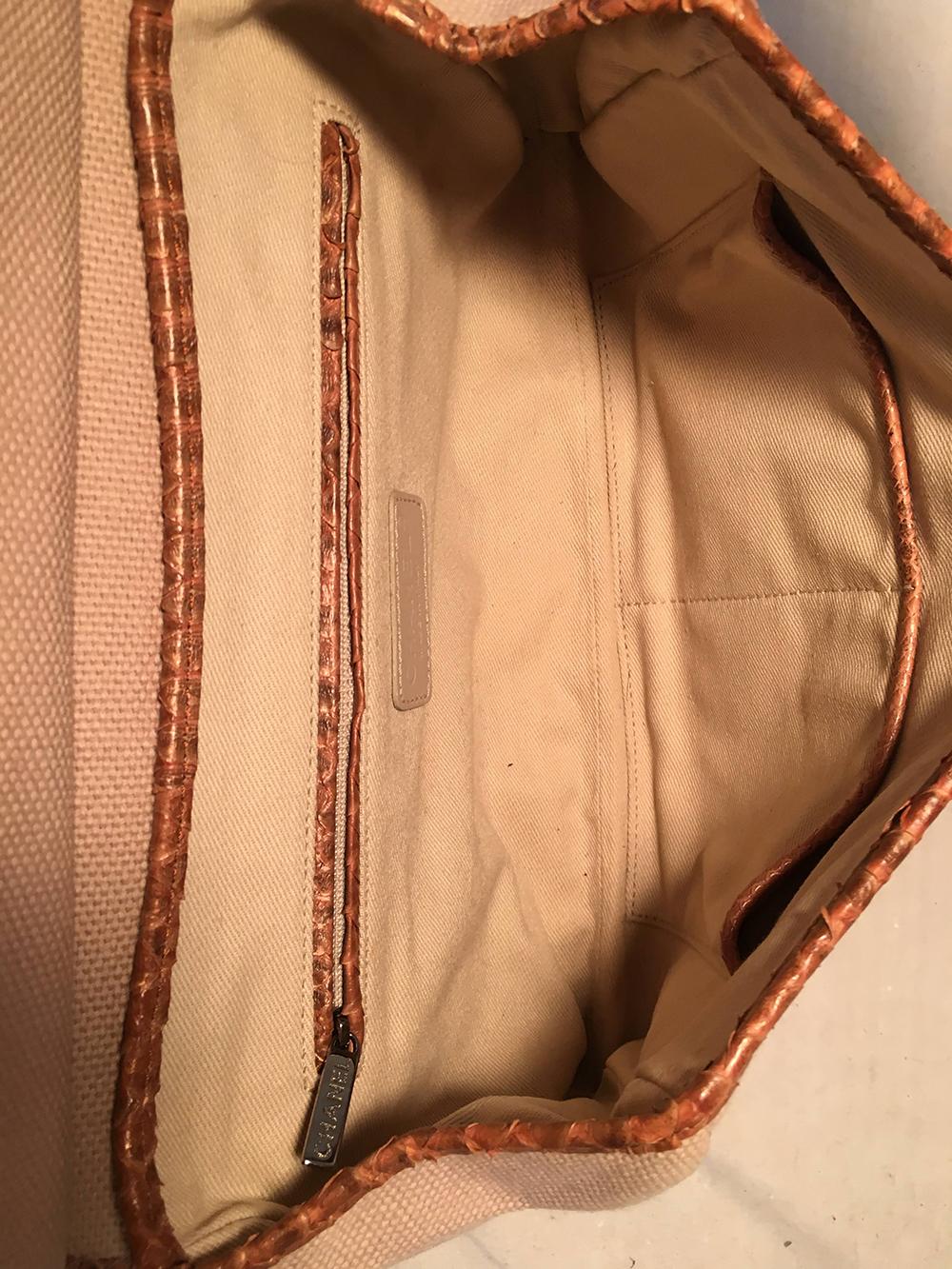 Chanel Beige Canvas and Tan Copper Snakeskin Flap Shoulder Bag 1