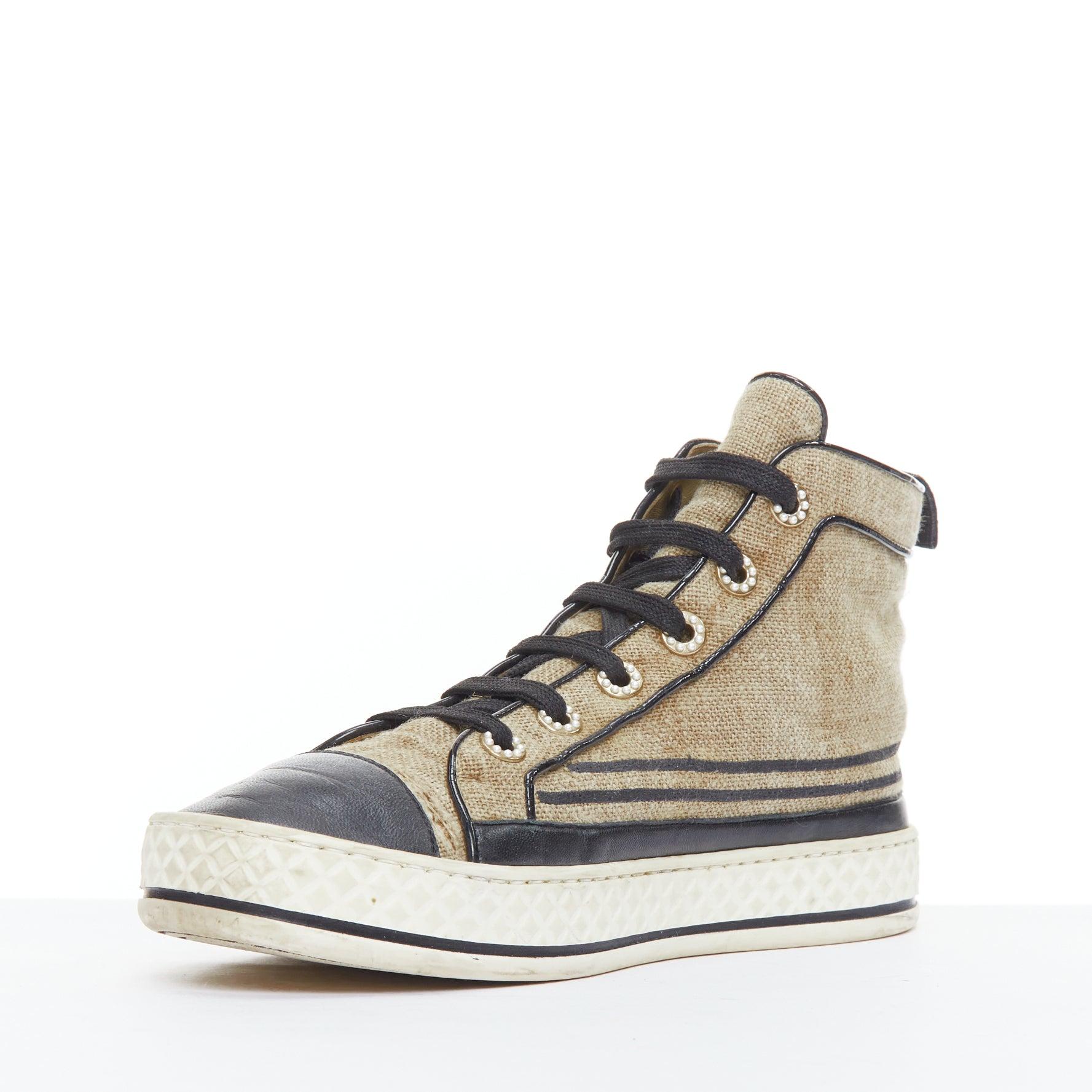 CHANEL beige canvas black CC logo pearl high top sneakers EU38 In Fair Condition In Hong Kong, NT