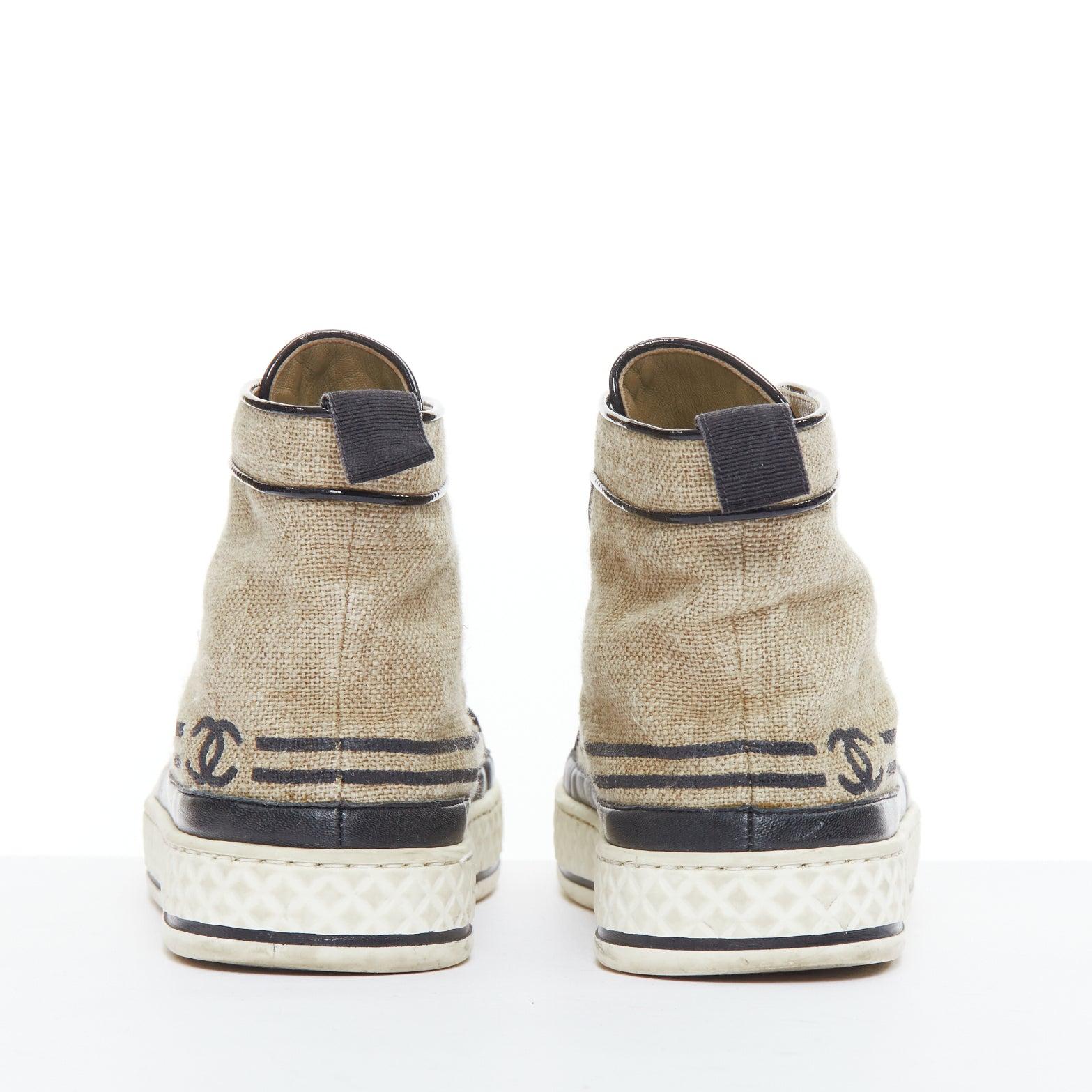 Women's CHANEL beige canvas black CC logo pearl high top sneakers EU38