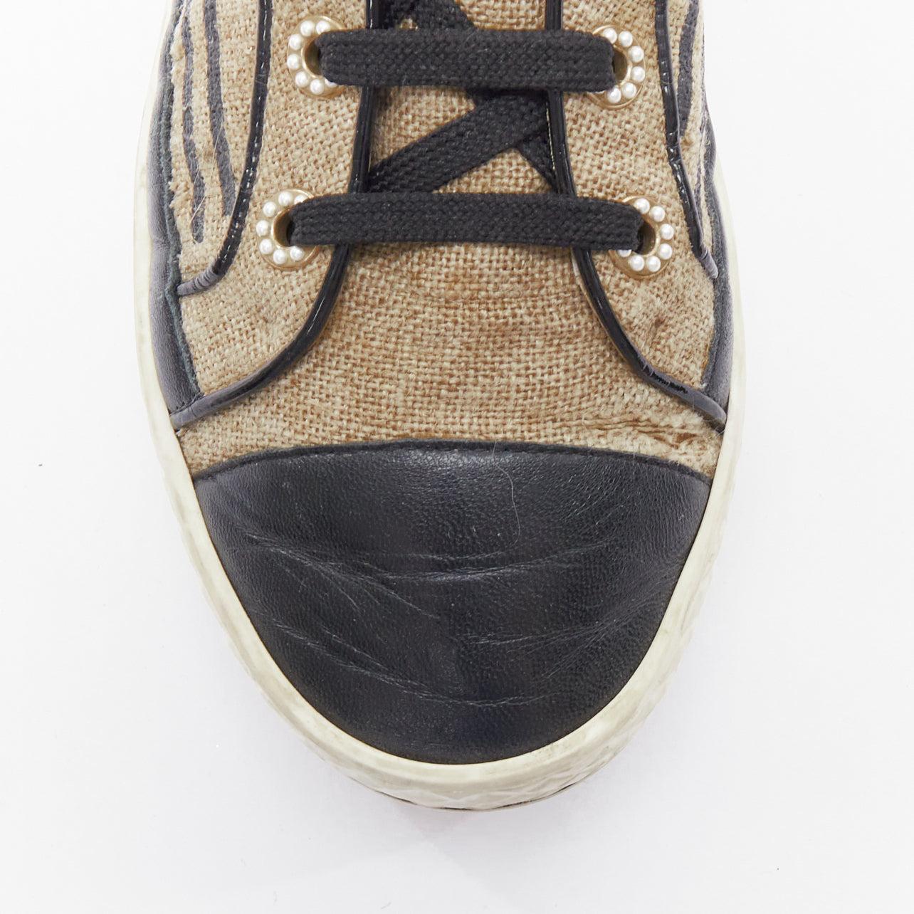 CHANEL beige canvas black CC logo pearl high top sneakers EU38 1