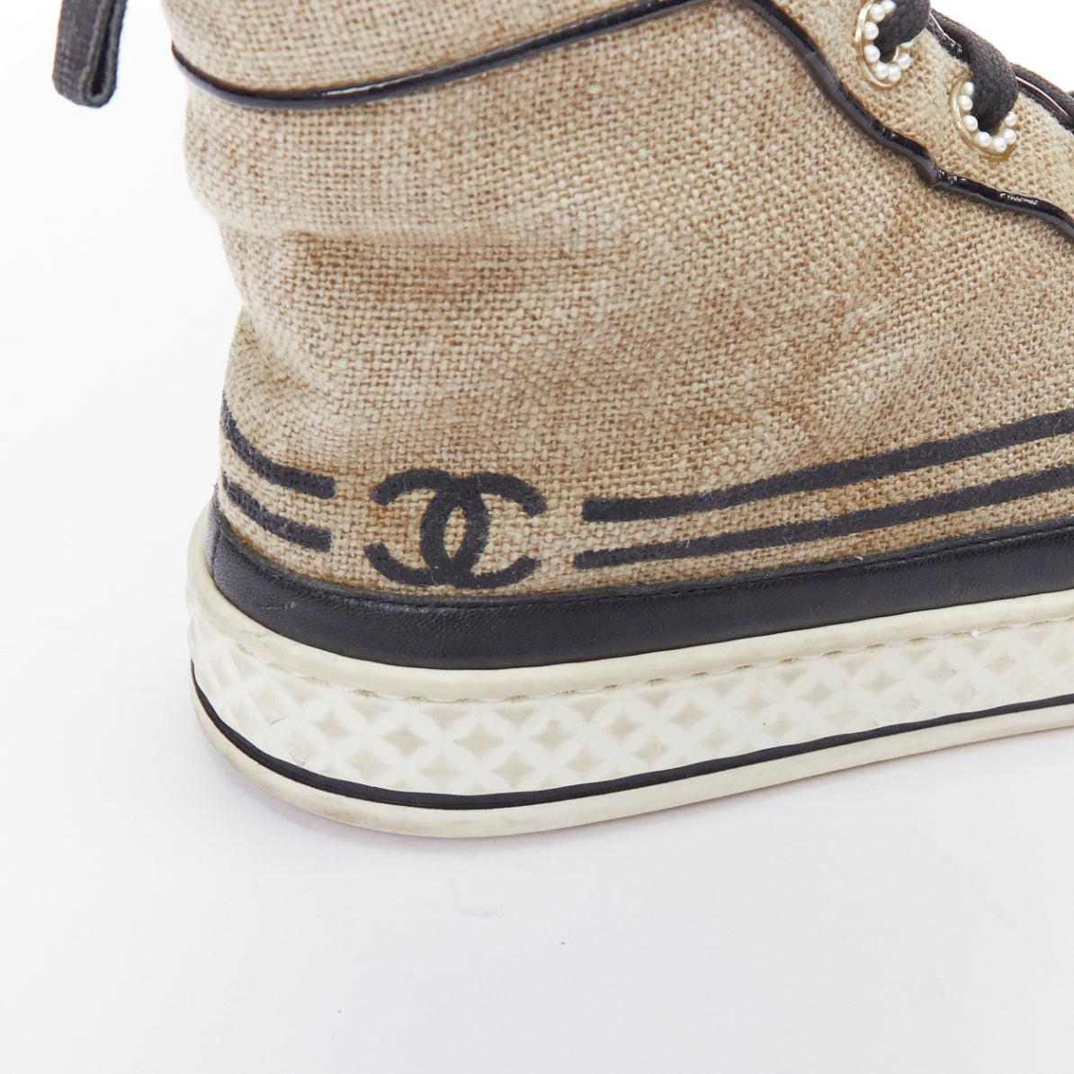 CHANEL beige canvas black CC logo pearl high top sneakers EU38 2