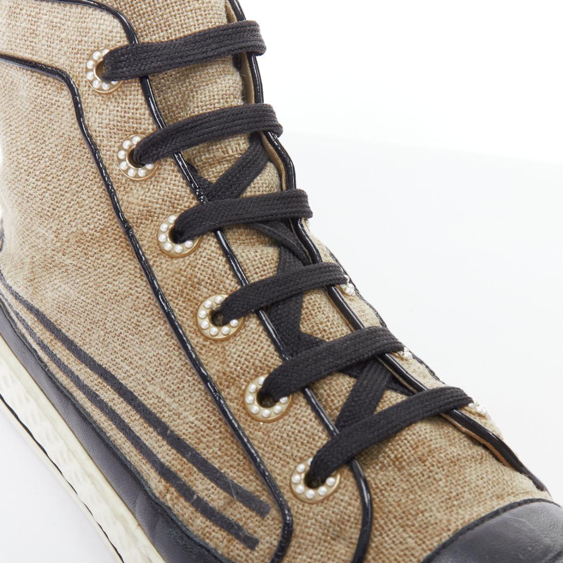 CHANEL beige canvas black CC logo pearl high top sneakers EU38 3