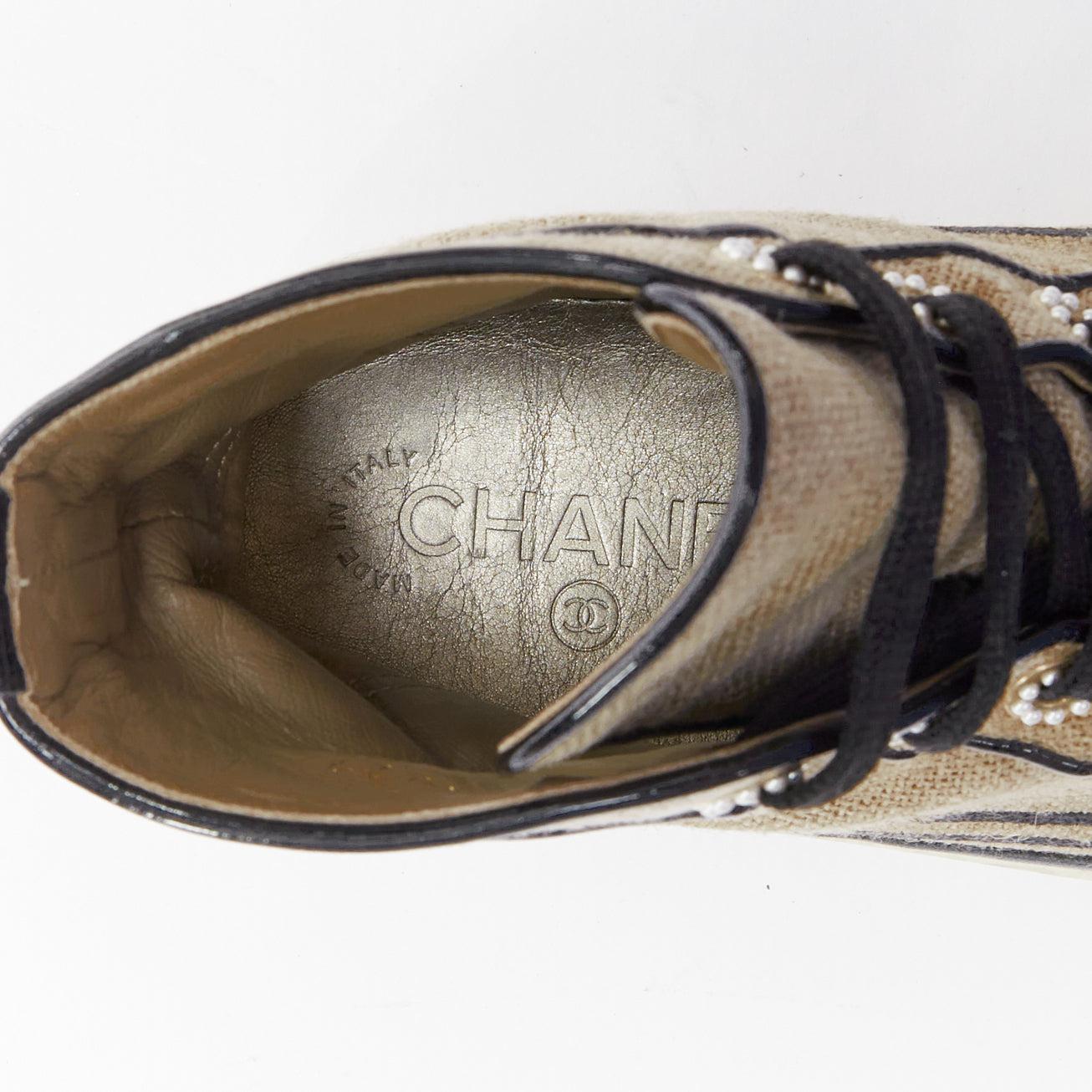 CHANEL beige canvas black CC logo pearl high top sneakers EU38 4