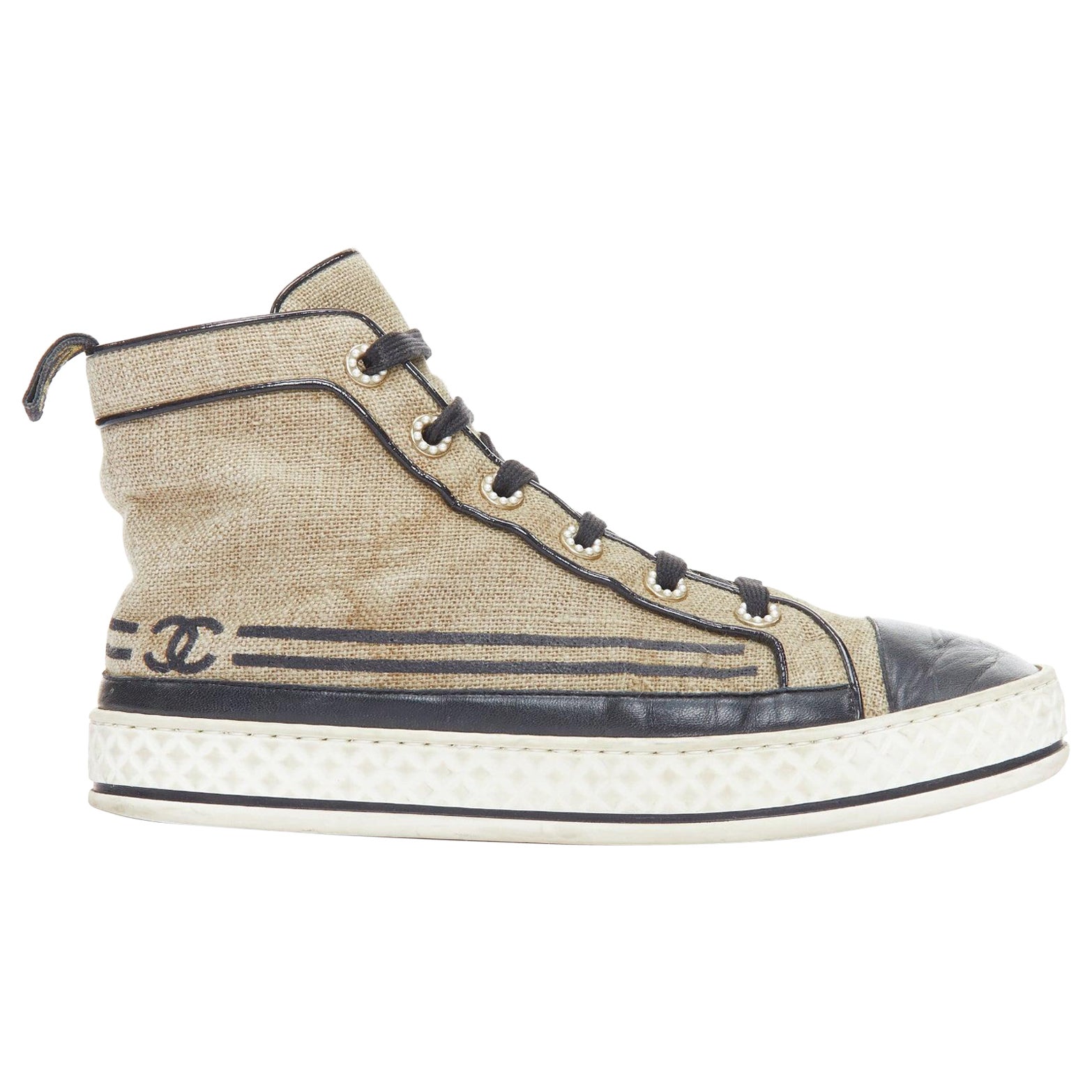 CHANEL beige canvas black CC logo pearl high top sneakers EU38