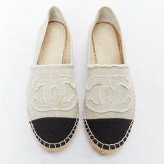 CHANEL beige canvas CC fray logo black cap espadrille shoes EU38