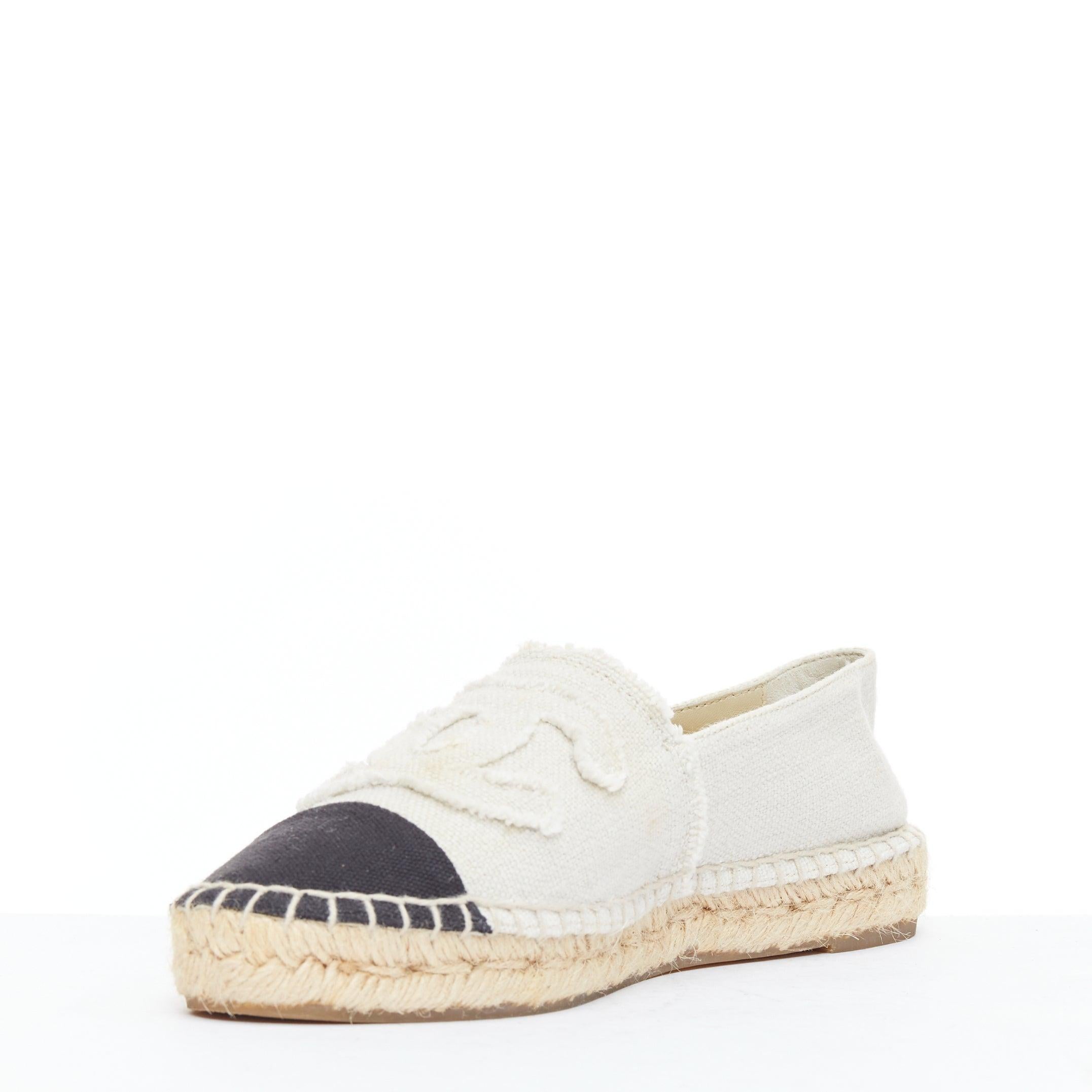 CHANEL beige canvas CC fray logo black cap espadrille shoes EU38 In Fair Condition In Hong Kong, NT