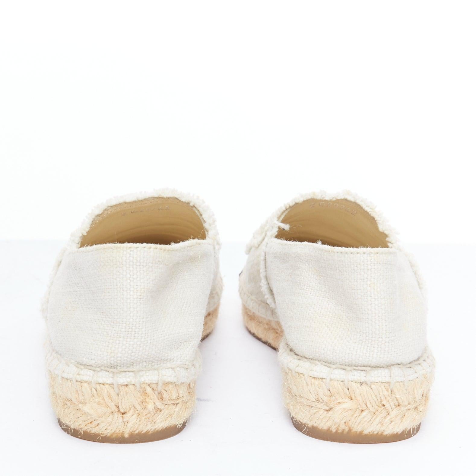 Women's CHANEL beige canvas CC fray logo black cap espadrille shoes EU38