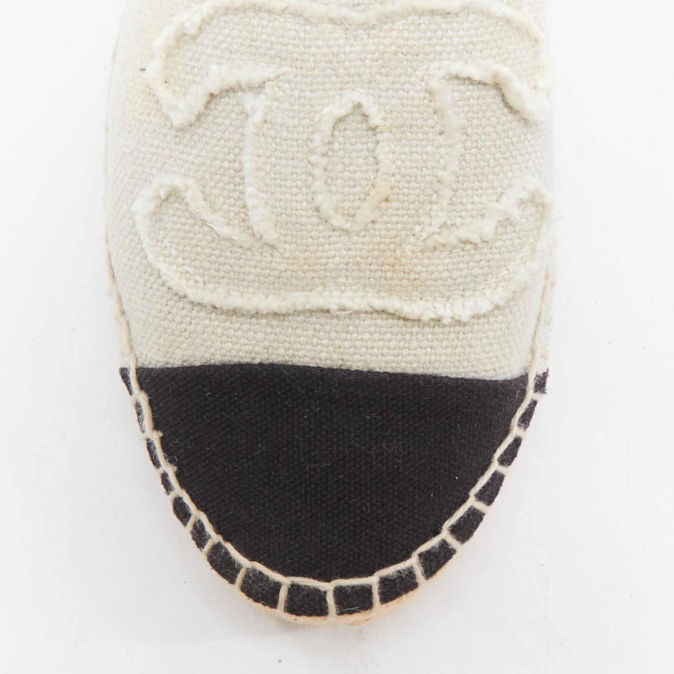 CHANEL beige canvas CC fray logo black cap espadrille shoes EU38 1