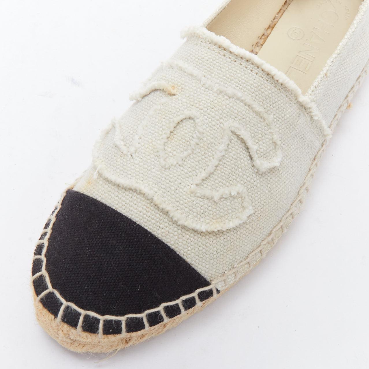 CHANEL beige canvas CC fray logo black cap espadrille shoes EU38 2