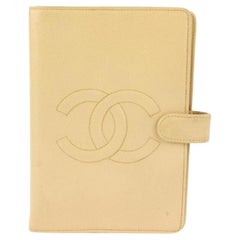 Vintage Chanel Beige Caviar CC Logo Medium Ring Agenda MM Diary Book Cover 1014c23