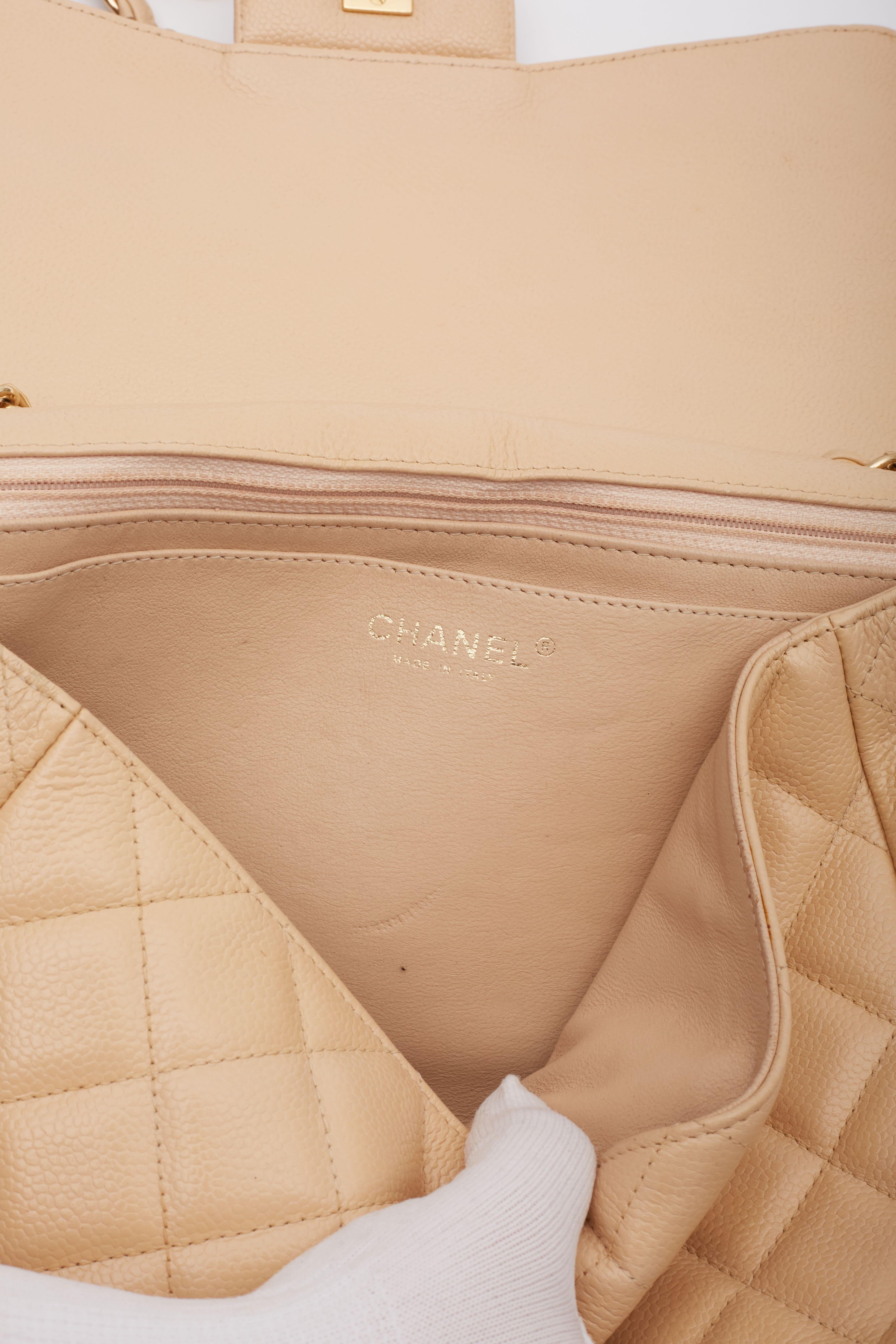 Chanel Beige Caviar Classic JUMBO SINGLE Flap Bag For Sale 6