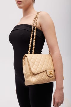 Chanel Beige Caviar Classic JUMBO SINGLE Flap Bag