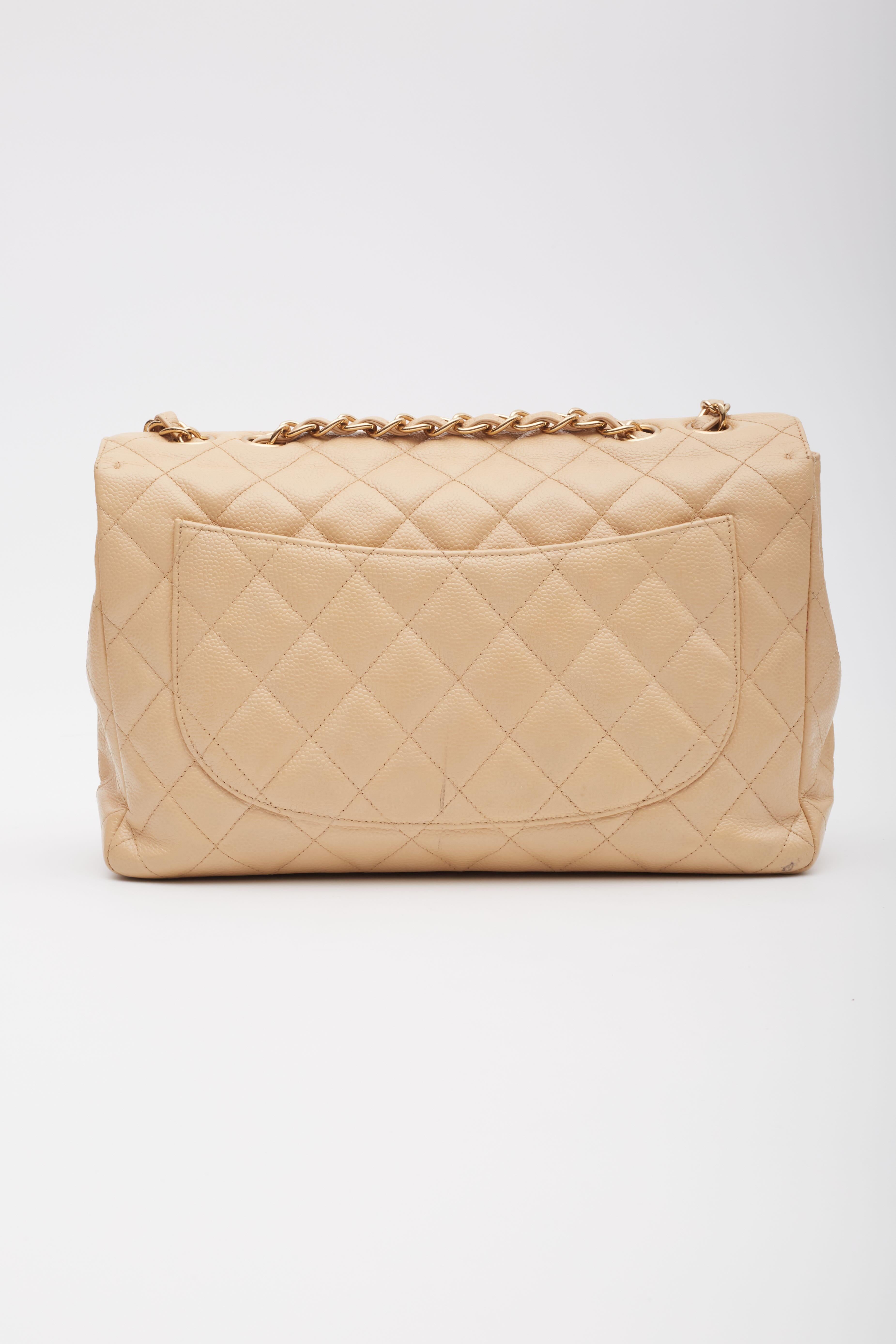 Women's Chanel Beige Caviar Classic JUMBO SINGLE Flap Bag For Sale