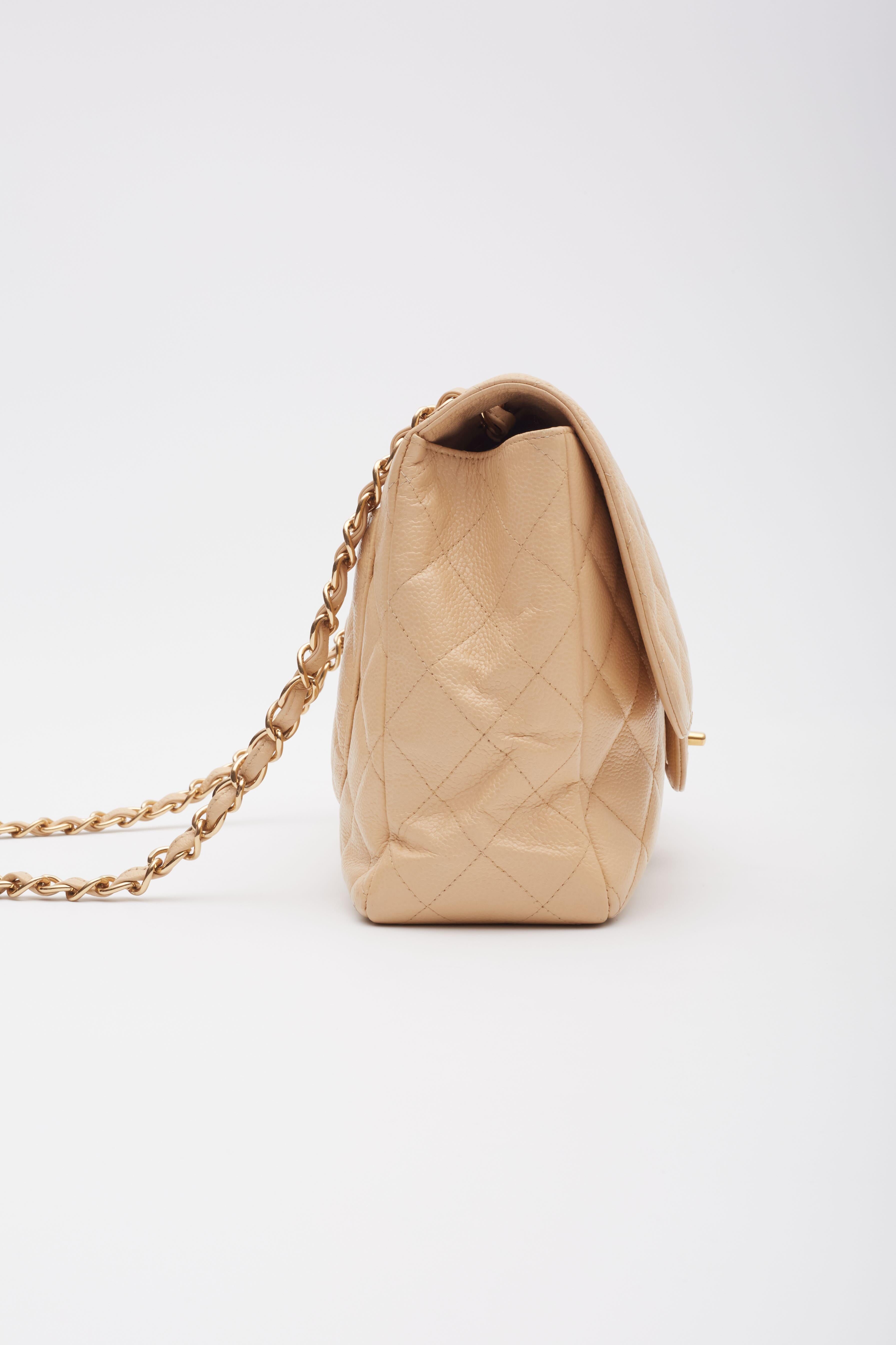 Chanel Beige Caviar Classic JUMBO SINGLE Flap Bag For Sale 1