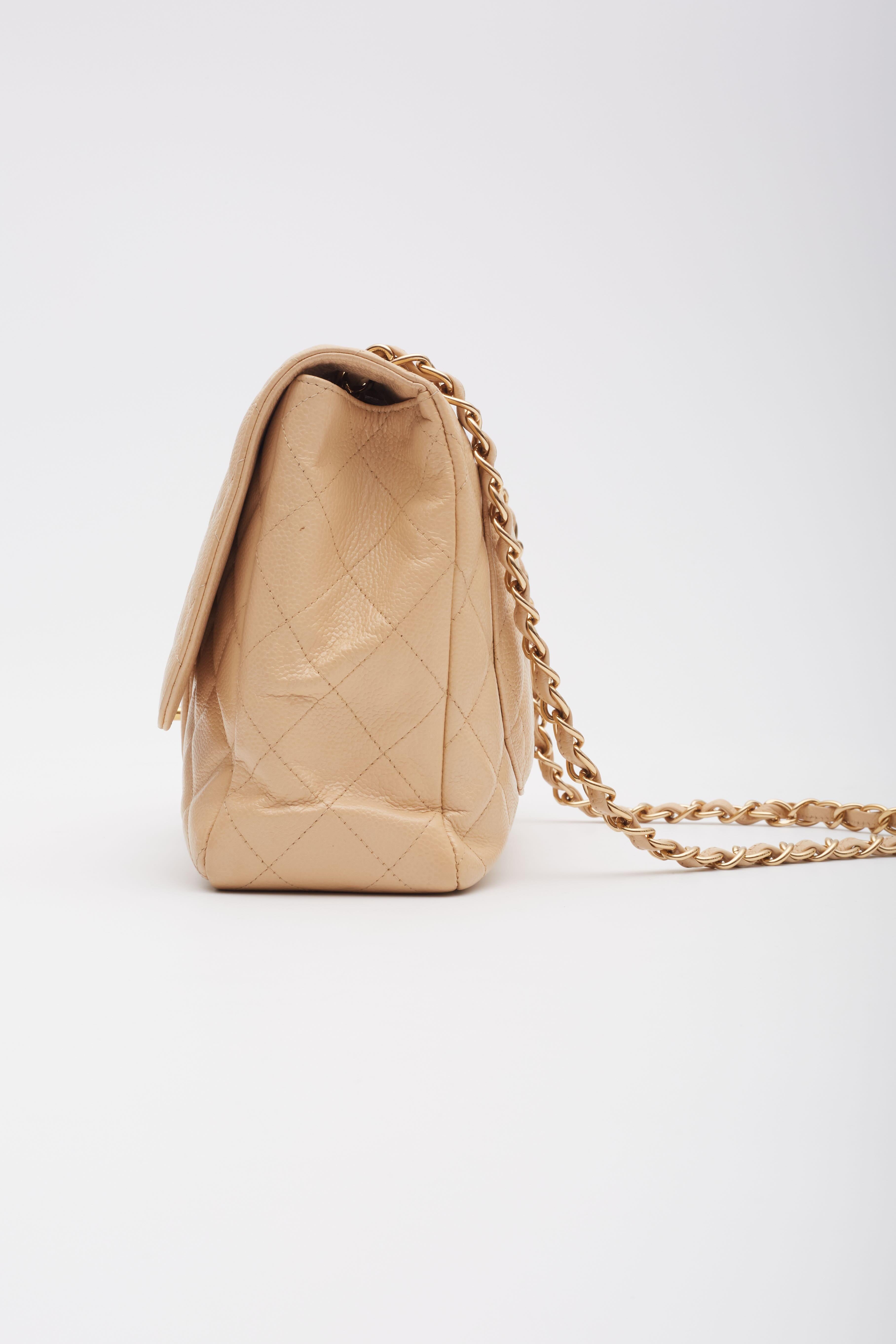 Chanel Beige Caviar Classic JUMBO SINGLE Flap Bag For Sale 2
