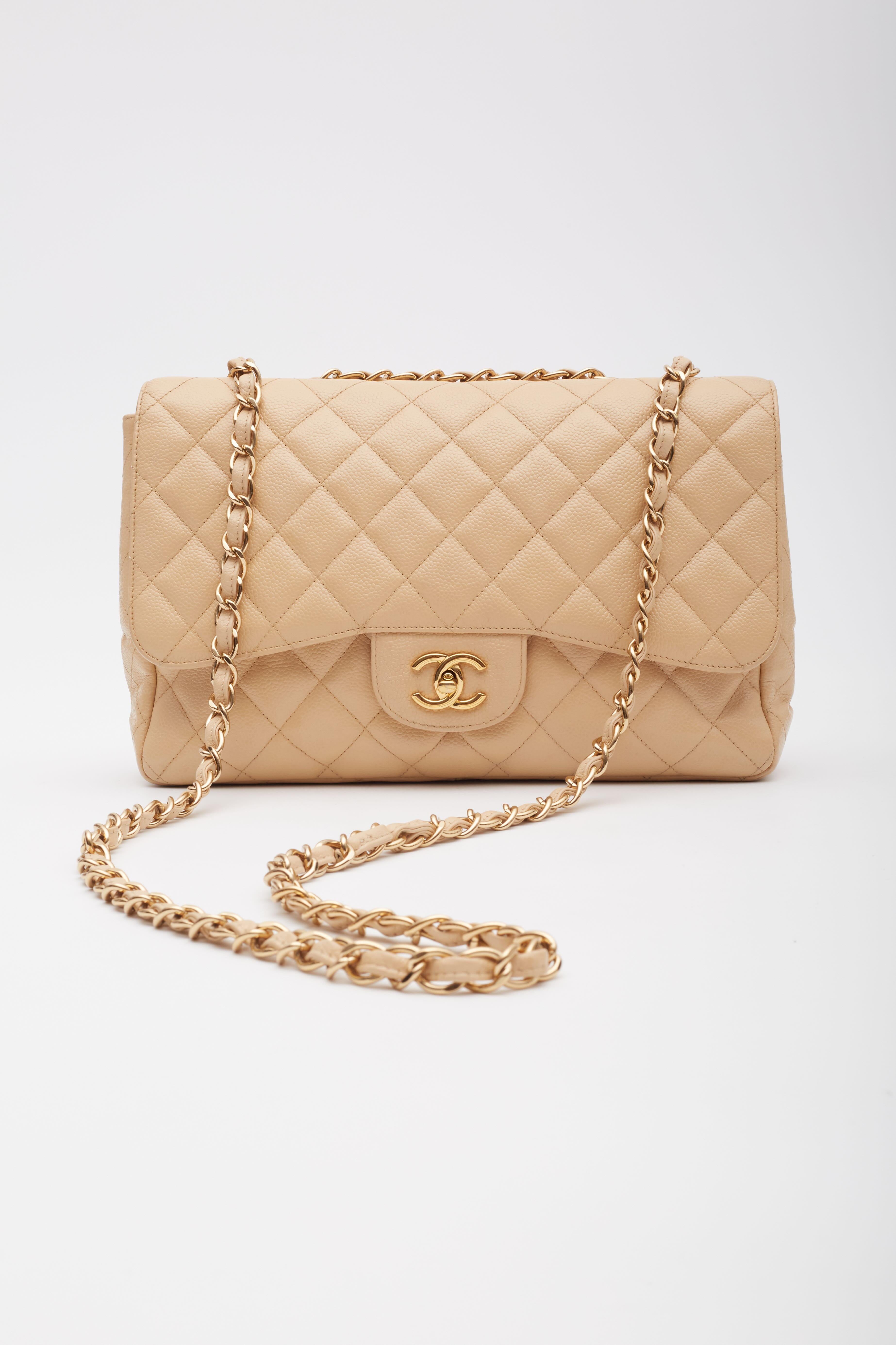 Chanel Beige Caviar Classic JUMBO SINGLE Flap Bag For Sale 4
