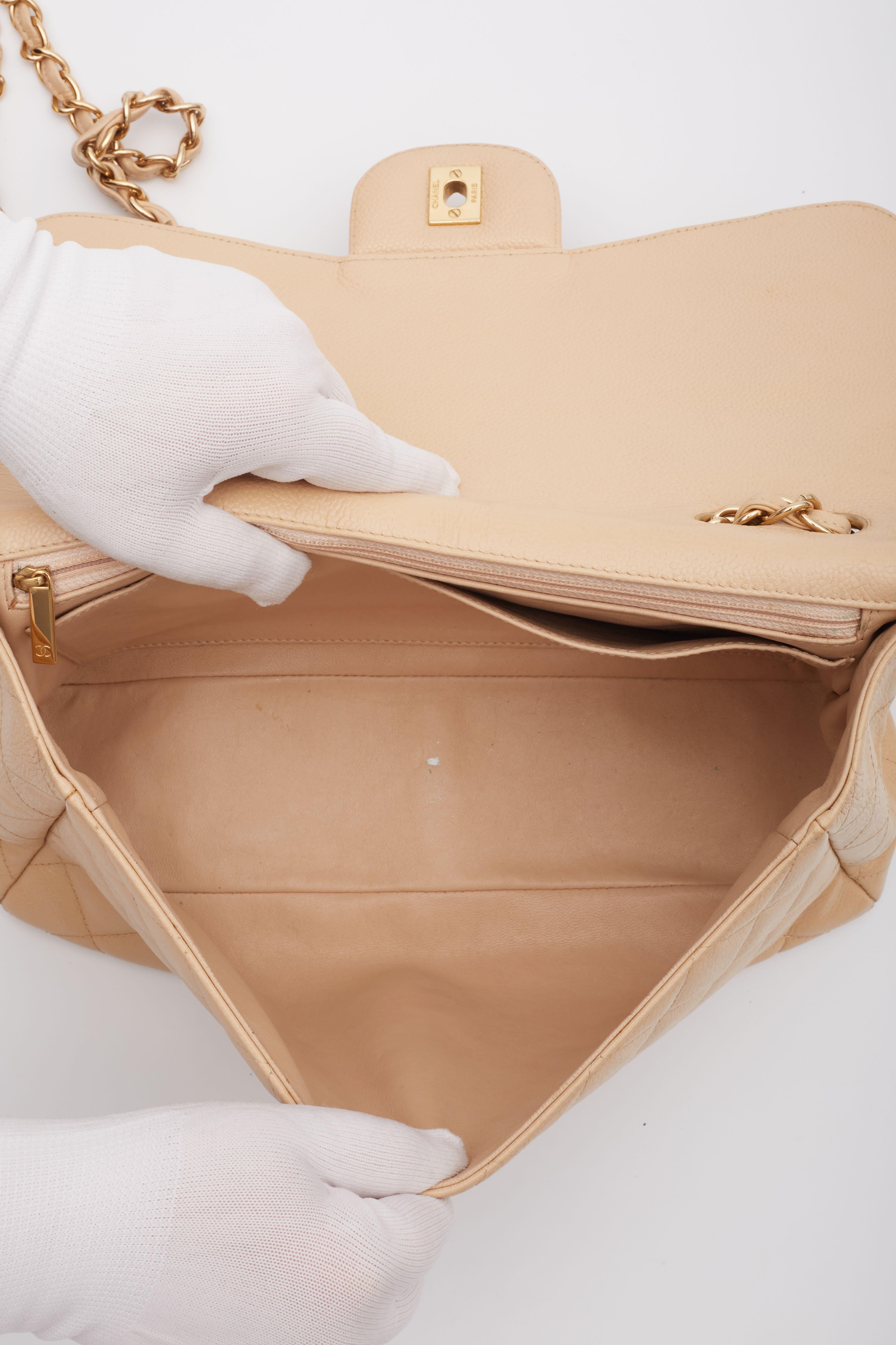 Chanel Beige Caviar Classic JUMBO SINGLE Flap Bag For Sale 5